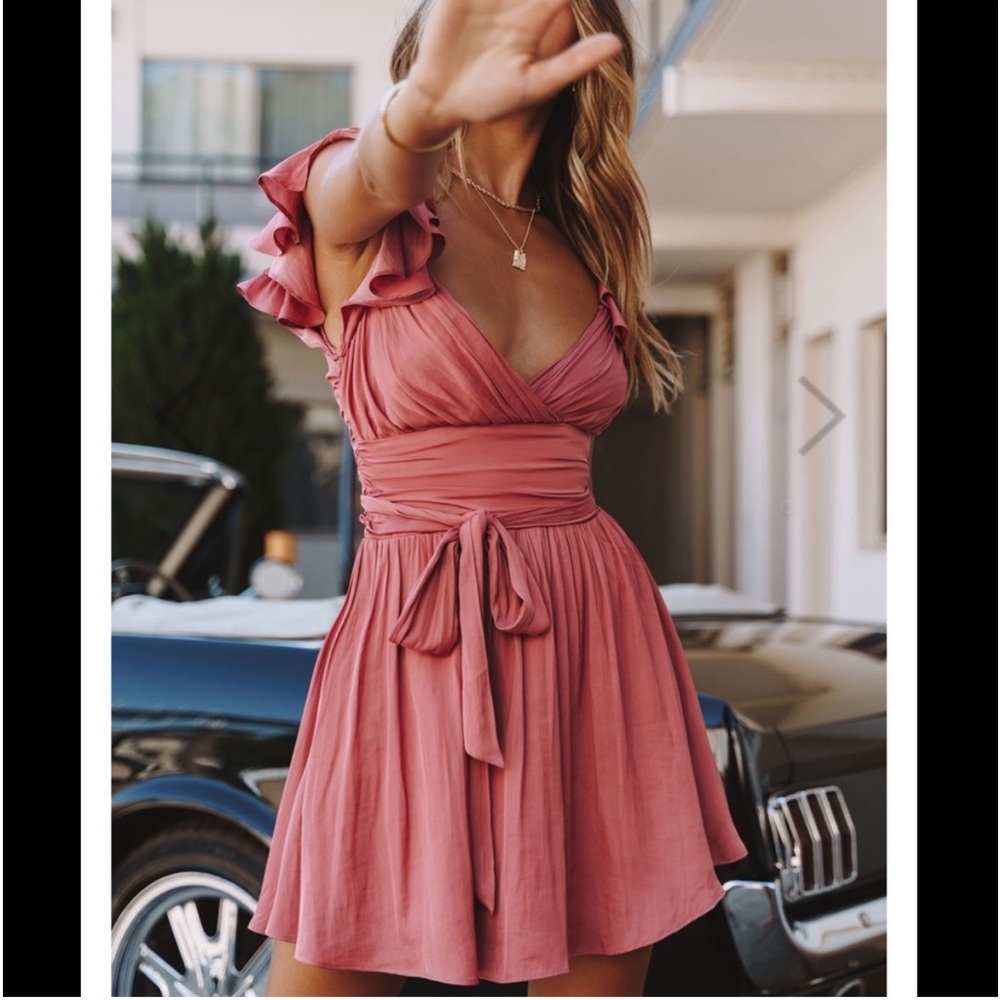 Saints + Sinners rose color ruffle shoulder ruched mini dress in size Medium - Picture 3 of 9